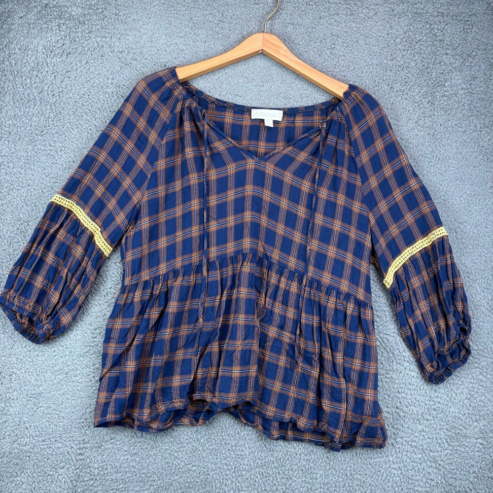 Weekend Suzanne Betro Womens XL Blue Orange Plaid Peplum Top Crochet Trim Boho